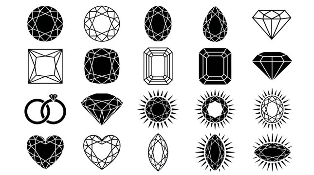 Set of black diamond and gemstone icons in various cuts.