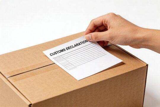 Hand placing customs declaration on box