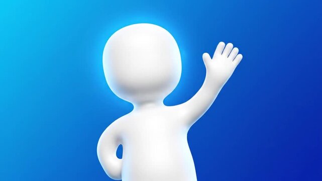 3D animated white stick figure waving on vibrant blue background for greetings and introductions