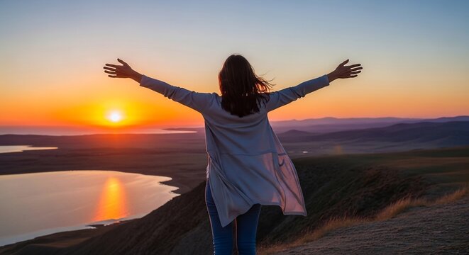 夕焼けの暖かな光が地平線を鮮やかに染め広がる湖と山々の絶景を前に両腕を大きく広げ心ゆくまで自由を満喫する女性. AI Generated
