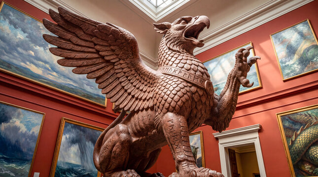 A mythical red granite griffin in the museum hall, surrounded by impressionist paintings on marine themes. An ancient museum exhibit at the exhibition