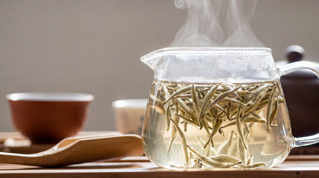 Fragrant large-leaved white tea in a glass teapot. Tea ceremony, beautiful serving, tea buds in the water