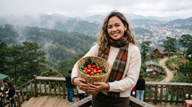 Woman holding a basket of strawberries at a scenic mountain viewpoint.
