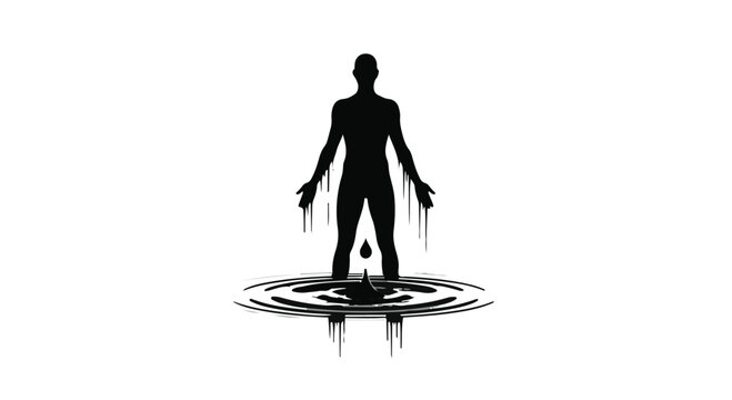 Silhouette of a person dissolving into a pool of water with dripping effect