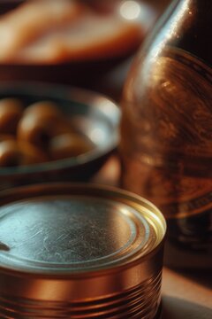 Metal tin can on kitchen table. Closed food container with olives and glass bottle in background. Concept of pantry storage, food supply, meal preparation and grocery shopping at home.