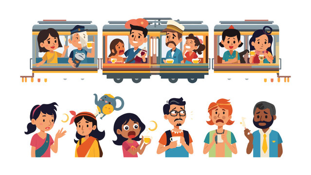 Train Journey Mishaps: A comedic scene depicting a vintage train filled with passengers experiencing various comical travel woes, while others on the platform react to the unfolding, amusing chaos.