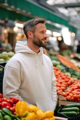 Obraz premium Bearded man standing at local food market. Buyer choosing fresh organic vegetables and produce. Shopping in grocery store. Healthy lifestyle, nutrition concept and retail experience.