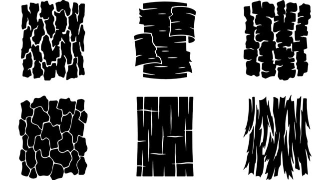 Six Black and White Bark Texture Vector Graphics, Natural Wood Grain Patterns, Organic Surface Designs, Rustic Tree Skin Elements for Backgrounds and Prints