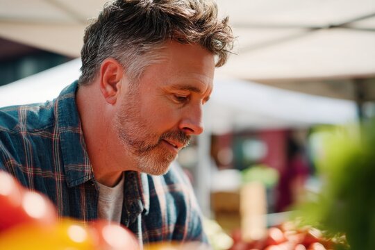 Man selecting fresh produce at outdoor farmer market. Customer choosing organic vegetable and fruit. Healthy food shopping, local business support, harvest time and commerce lifestyle.
