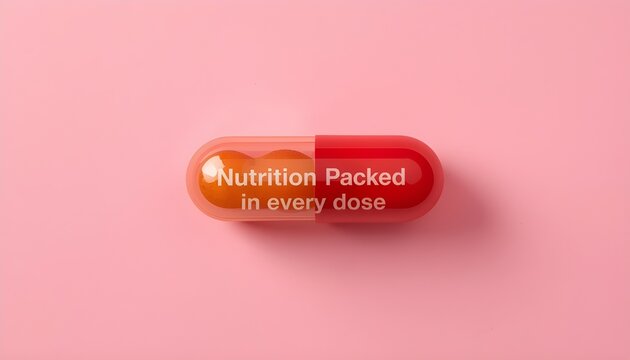 A close-up view of a red and orange capsule with the words 'Nutrition Packed in every dose' on a pink background