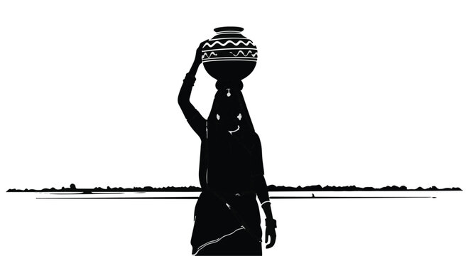Silhouette of a woman carrying a water pot on her head against a stark horizon.