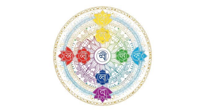 Vibrant chakra mandala illustration featuring seven colorful lotus flowers with spiritual symbols arranged in a circular pattern.