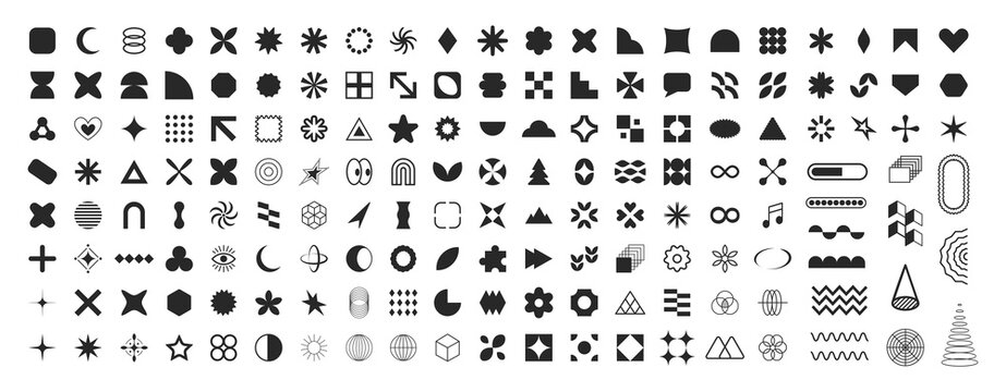 Brutalist Shapes, Cool Geometric Forms. Bauhaus Minimalist Graphic Design Elements. Trendy Y2K Vector Signs. Simple Star and Flower Basic Shapes isolated on transparent background for social media 