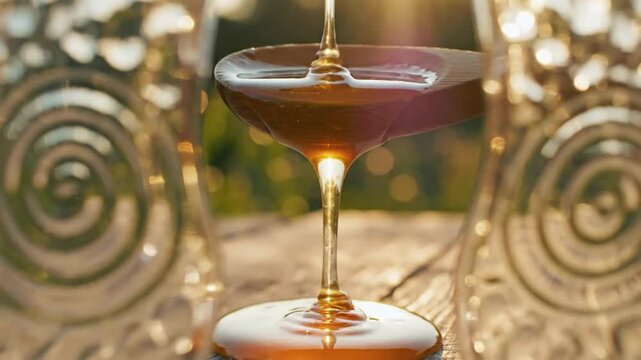 Close-up of golden honey dripping from a wooden spoon, showcasing its texture and sweetness outdoors with bokeh background