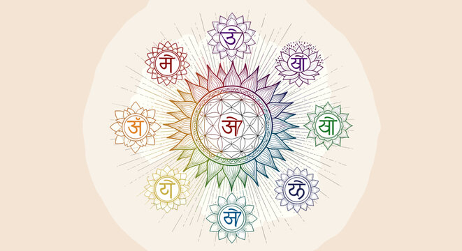 A vibrant illustration of a central chakra symbol with a rainbow gradient, surrounded by eight smaller, colorful mandalas, each featuring a unique Devanagari character, set against a light background.