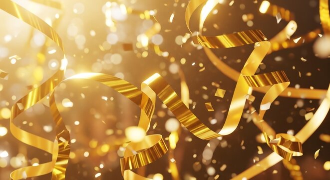 明るいお祝いの光の中でキラキラ輝く金色の紙吹雪とリボンが宙を舞う美しい瞬間. AI Generated