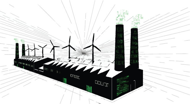 Modern industrial complex harmonizing with renewable wind energy and digital innovation.