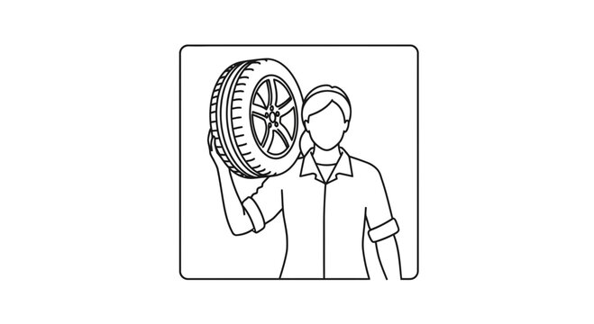 Mechanic Carrying Tire Over Shoulder, Car Service, Auto Repair, Vehicle Maintenance