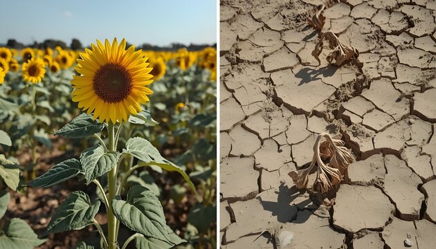 A split-screen image contrasting a vibrant sunflower in a lush field with a parched, cracked earth landscape.