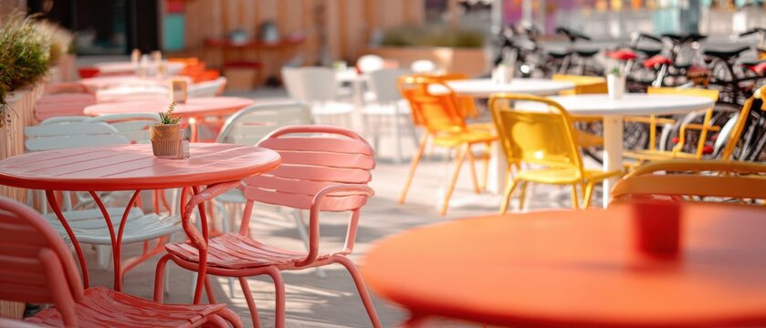 Empty outdoor cafe terrace with colorful metal tables and chairs. Summer street restaurant seating area. Lifestyle concept of relaxation and dining in modern urban environment.
