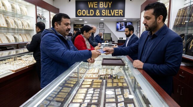 People exchanging cash and gold at a jewelry store counter