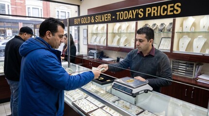 Customers buying gold and silver at a jewelry store with prices displayed