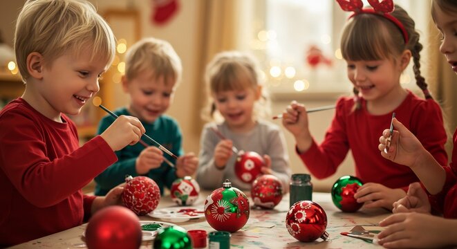 暖かく輝く室内で子供たちが無邪気な笑顔でカラフルなクリスマスオーナメントを熱心に手作りし祝祭的な雰囲気が満ちる. AI Generated
