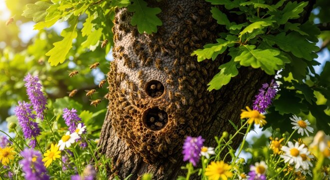 Honey bee swarm colony living inside a tree trunk hollow. Natural habitat of bees in a wild forest ecosystem. Beekeeping and entomology environment in a summer blooming nature landscape.