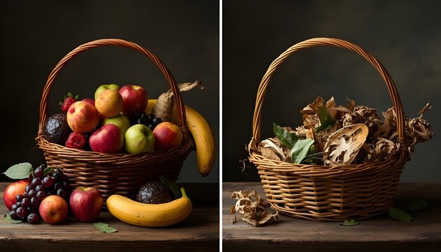 A split-screen image of two wicker baskets, one filled with fresh fruits and the other with dried mushrooms and leaves, placed on a wooden table against a dark background.