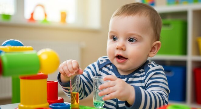 明るい自然光が差し込む部屋で無邪気な赤ちゃんがカラフルな積み木や知育玩具で楽しく遊ぶかわいらしい瞬間. AI Generated