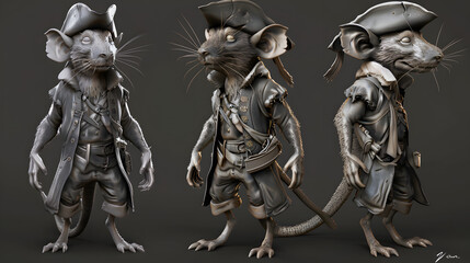 Fototapeta premium Three anthropomorphic rat characters in 18th-century military uniforms standing in dramatic low-light studio setting.