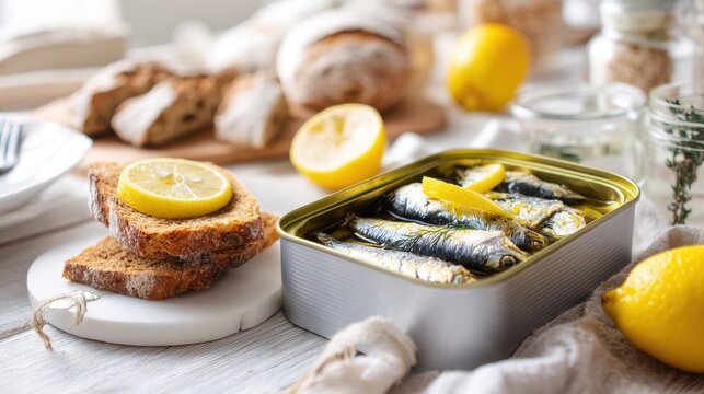 Open tin can with sardines in olive oil with fresh lemon. Tasty fish snack on toasted bread. Mediterranean healthy food, gourmet appetizer, home kitchen table setting background.