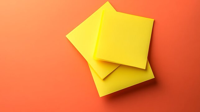 Pile of blank yellow sticky notes on bright orange background top view