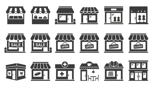 Set of eighteen flat store and shop icons.