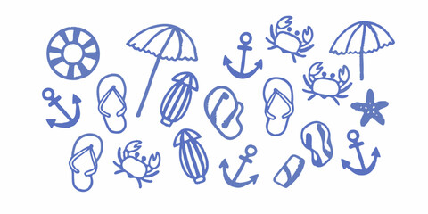 beach themed line drawings of seaside objects on white background © BelaRani
