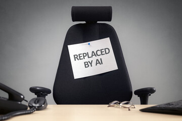 Fototapeta na wymiar Empty office chair with replaced by ai sign business concept for artificial intelligence replacing people in the workforce
