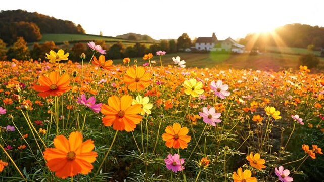 Beautiful vibrant cosmos flowers field in the sunlight with hills and a house in the background, a serene landscape at sunset