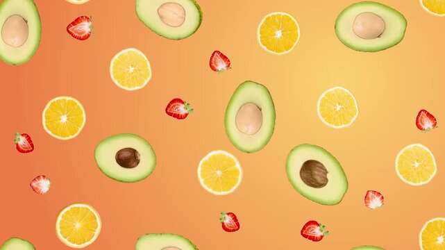 Dynamic Motion Graphic of Mixed Healthy Fruits Floating on Vibrant Orange Gradient