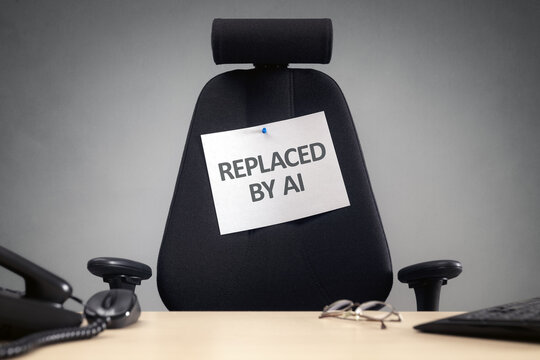 Empty office chair with replaced by ai sign business concept for artificial intelligence replacing people in the workforce