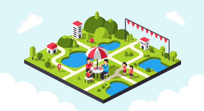 The isometric amusement landscape shows a minimalist theme park with rides and attractions.