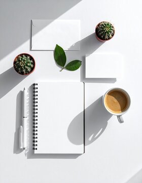 Minimalist desk scene with open notebook, coffee, and plants