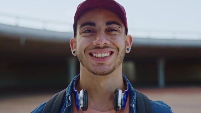 Outdoor, face and man with confidence for education, university student and learning opportunity. Portrait, happy and gen z scholar with academic development for scholarship, campus or future in city