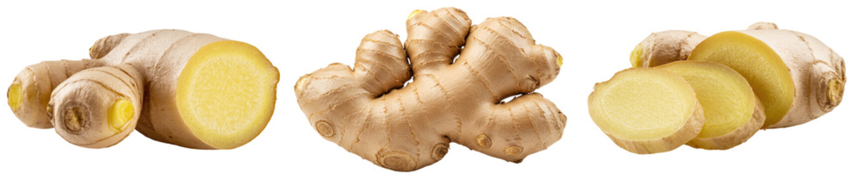 Whole and sliced fresh ginger root isolated on transparent background