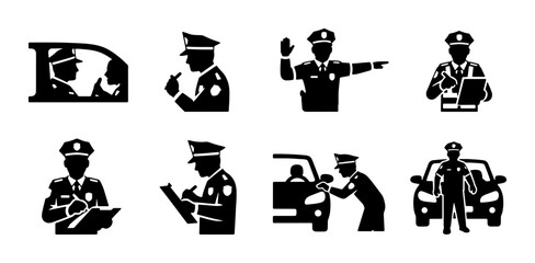 Police Officer Icons Set: Traffic Control, Citation Issuance, Vehicle Stop, and Law Enforcement Actions, Vector Graphics © Afrin