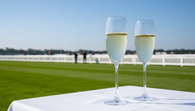 Two champagne flutes for celebration concept at a Royal Ascot horse racing event on a sunny day with green racecourse in the background and white tablecloth