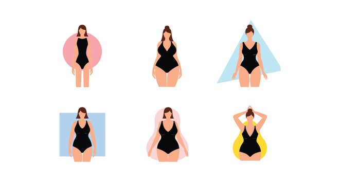 Set of six female body silhouettes in black swimsuits representing different healthy body shapes and types together.
