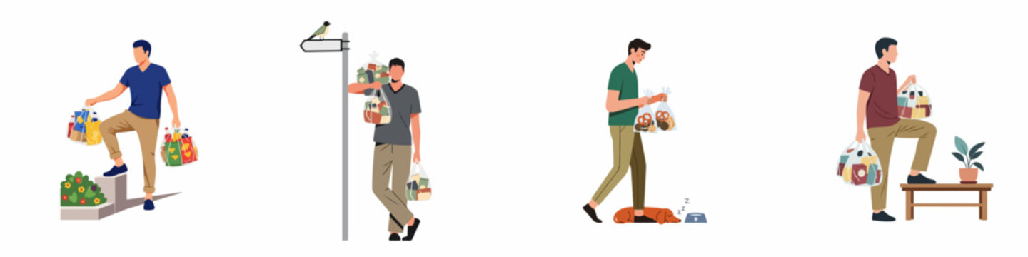Flat vector illustrations of men carrying grocery bags in various daily life situations, including shopping, walking home, and stepping on platforms.