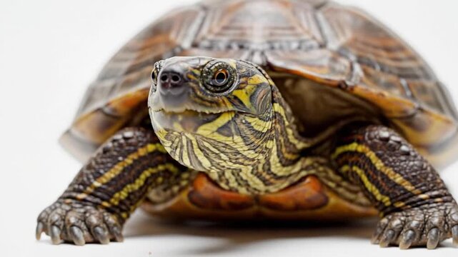 Close up view of a small turtle resting on a white surface and opening its mouth