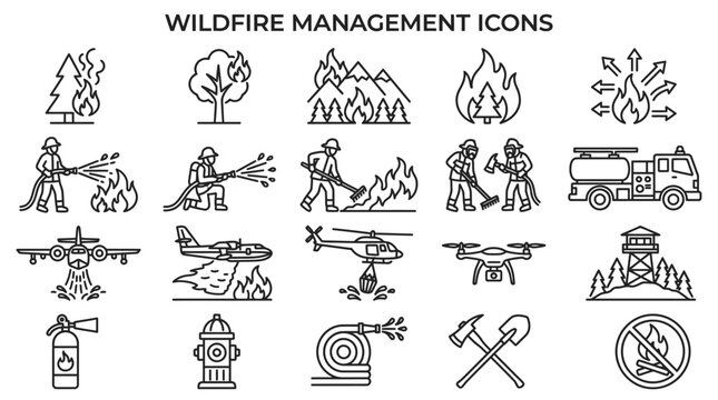 Set of line icons for wildfire management and forest fire control.