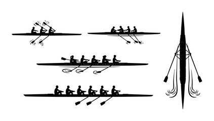 Rowing Team Silhouettes, Diverse Boat Designs, Competitive Water Sports Vector Collection, Athletic Crew Action © Afrin